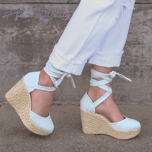 Chambray lace-up espadrile wedges